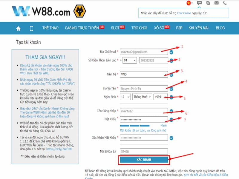 Bước điền thông tin tại W88hn cá cược bóng đá online
